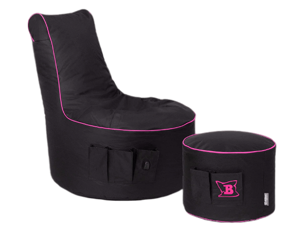 Schwarzer Gaming Sitzsack mit Hocker und pinken Streifen